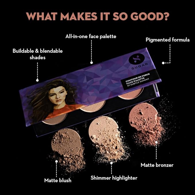 Sugar Cosmetics Contour De Force Face Palette01 Subtle SummitLonglasting formula, Lightweight Blush, Highlighter and Bronzer, Paraben free.