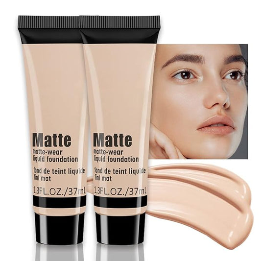 2 Pack Liquid Foundation Cream for Face Makeup,Durable Full Coverage Matte Concealer Make Up,Oil Control & Waterproof Base Primer -1+1 Fl.Oz-BEIGE 4#
