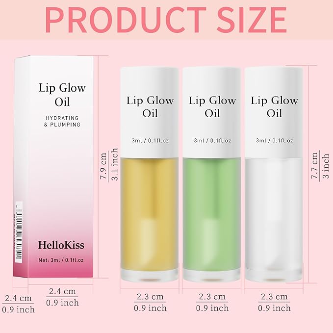 Hellokiss 3Pcs Lip Glow Oil,Moisturizing Lip Plumper Gloss,3 Fruit Flavoured Lip Balm Lip Care,Clear Plumping Lip Gloss,Non-Sticky Long Lasting Hydrating Lip Oil(Honey,Green Apple,Coconut)