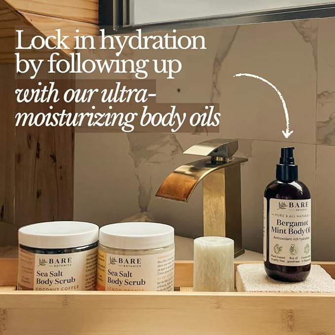 Bare Botanics Unscented Body Scrub 24 oz - Naturally Scented Sea Salt Scrub Made in Madison, WI - Formulated w/Skin Loving Moisturizers - Vegan, Cruelty Free Exfoliator w/a Cute Wooden Spoon