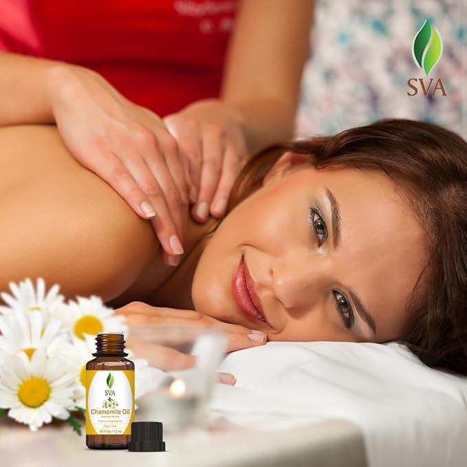 SVA Chamomile Essential Oil – 1/3 Fl Oz – 100% Natural Chamomile Oil - for Diffuser, Hair Care, Face, Skin Care, Aromatherapy, Scalp and Body Massage, Soap and Candle Making