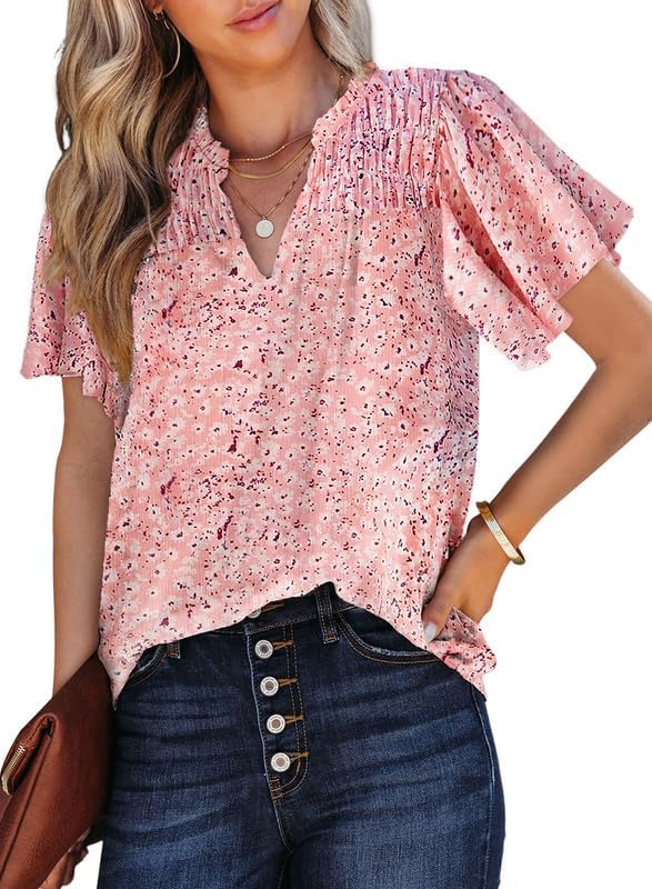 SHEWIN Women's Casual V Neck Floral Print Smocked Short Sleeve Chiffon Blouses Bohemian Top Shirts