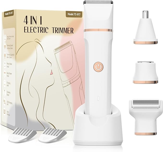 Electric Bikini Trimmer for Women - 4 in 1 Electric Razors for Women, Waterproof Pubic Hair Trimmers and Facial Hair Remover, Replaceable Shaver & Nose Hair Trimmer, Rechargeable Women's Grooming Kit