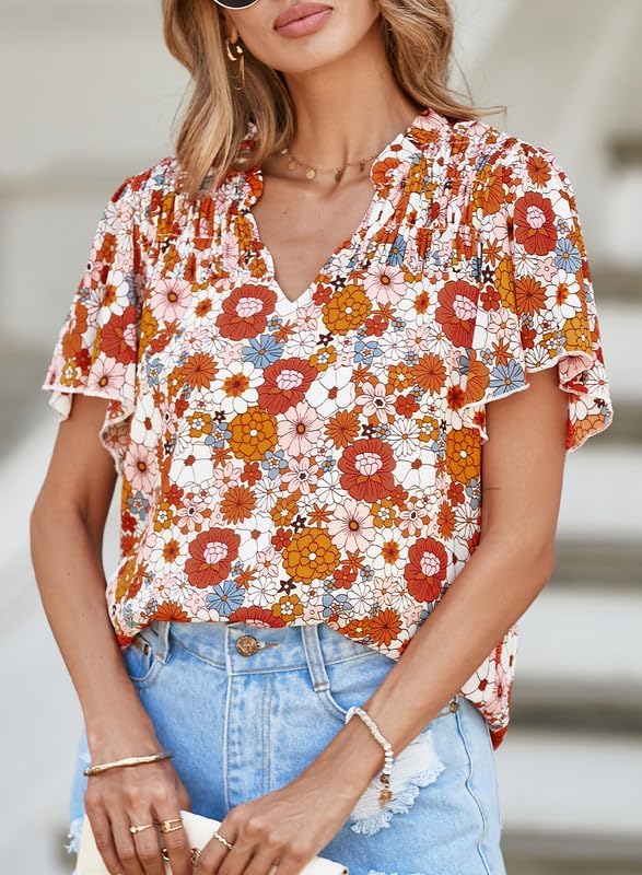 SHEWIN Women's Casual V Neck Floral Print Smocked Short Sleeve Chiffon Blouses Bohemian Top Shirts