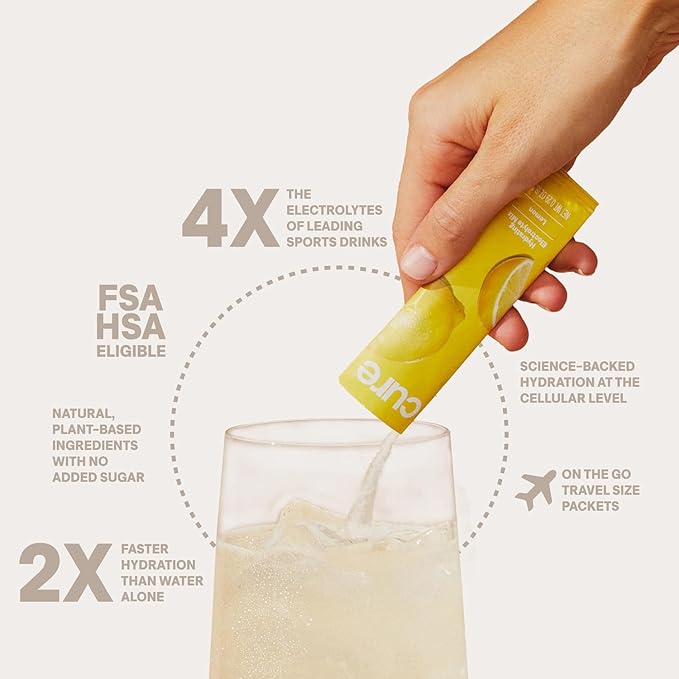 Cure Hydration | Plant-Based Electrolyte Drink Mix | No Added Sugar | Dehydration Relief Powder Made with Coconut Water | Non-GMO | Vegan | 28 Servings Jar - Lemonade