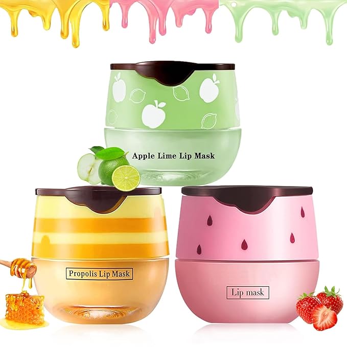 Bee Lip Balm Honey Pot, Strawberry & Honey Moisturizing Propolis Lip Mask, Hydrating & Prevention Dry and Cracked Lip Scrubs Exfoliator, Reduces Lip Lines (Green Yellow Pink)