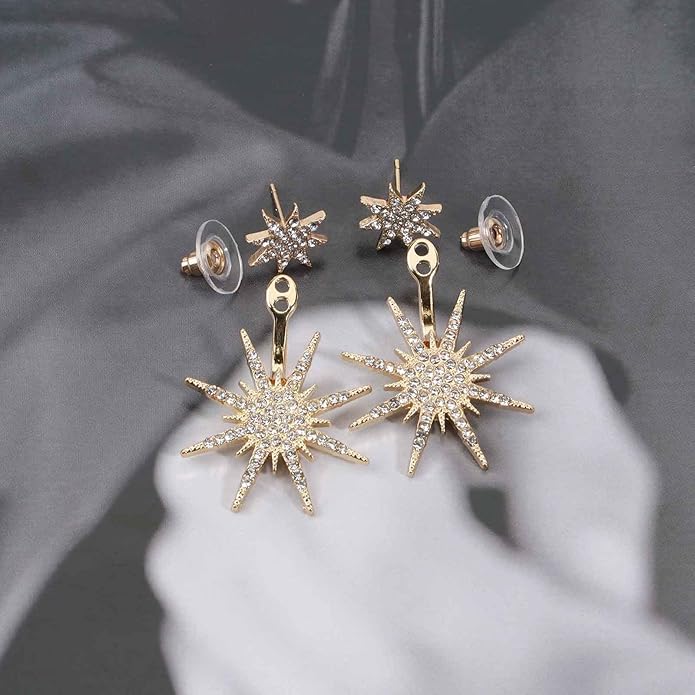 Starburst Jacket Earrings Gold Rhinestone Sun Earrings Front Back Studs Earrings Boho Celestial Earrings Jewelry for Women and Girls Gifts