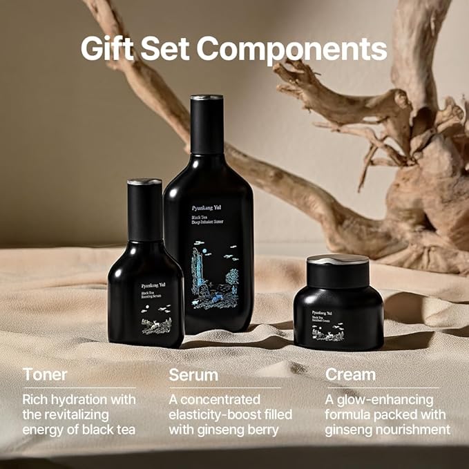 Pyunkang Yul PKY Black Tea Line Gift Box Set, Deep Nurishment for Anti-aging, Rich Moisture Toner, Revitalizing Serum & Nourishing Cream, Zero-Irritation (3-item set)