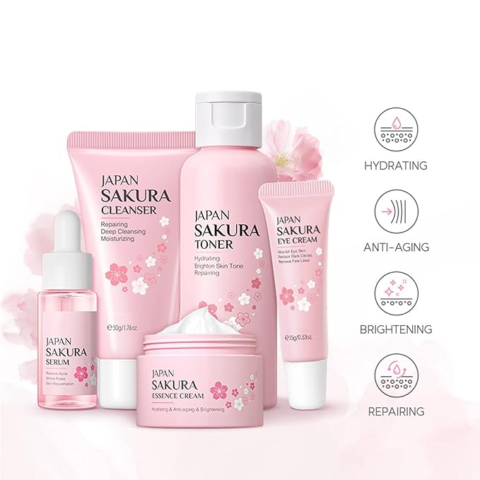 Skin Care Set - Women Gift Sets - Sakura Skin Care Sets & Kits - Gift Set with Cleanser,Toner,Serum,Eye Cream,essence Serum - Beauty Products For Women (SetC)