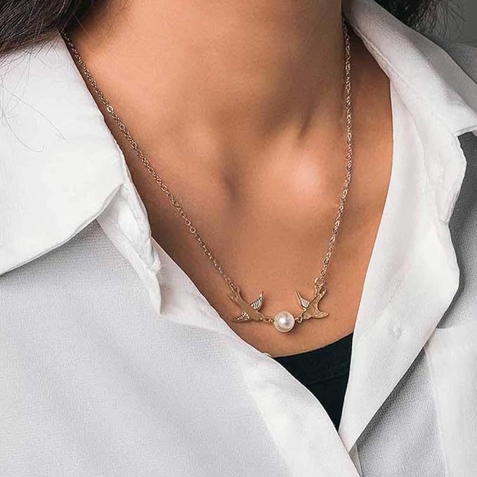 Vintage Pearl Necklace Long Birds Necklace Chain Pendant Necklaces Jewelry for Women and Girls (Gold)