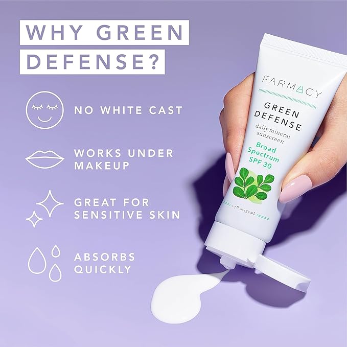 Farmacy Mineral Face Sunscreen SPF 30 - Broad Spectrum Zinc Oxide Sunscreen for Face - Daily Defense Sheer Mineral SPF for Sensitive Skin - Absorbs Quickly + Leaves No White Cast (50ml)
