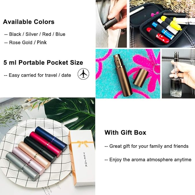 YEEJOK Travel Essentials for Women & Men - Refillable Perfume Bottles, Atomizer Spray Container, Mini Portable 5ml Bottle for Flying, Purse & Travel