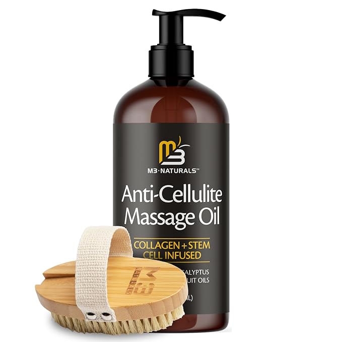 M3 Naturals Anti Cellulite Massage Oil and Firm Dry Brush Kit | Collagen & Stem Cell Skin Tightening Kit | Radiant Body Care Kit for Women
