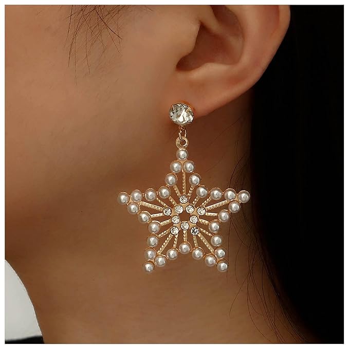 Vintage Pearl Star Drop Earrings Crystal Star Dangle Earrings Gold Rhinestone Stud Earrings Bohemian Large Star Statement Earrings Jewelry for Women and Girls Gifts