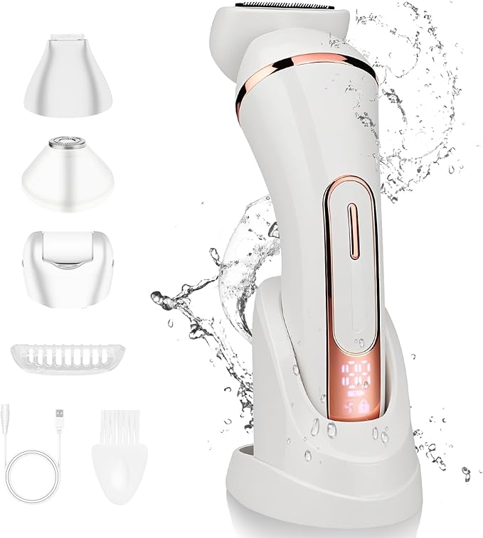 Electric Shavers for Women, 4 in 1 Hair Removal Kit with Epilator Bikini Trimmer Face Razor Body Brush Face Massager Foot Callus Remover, IPX7 Waterproof Lady Razors Set for Legs Armpit Bikini Pubic