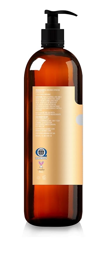 Cliganic Organic Argan Oil for Hair, Face & Skin (Bulk, 32oz with Pump) - 100% Pure, Cold Pressed
