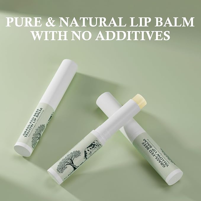 Tallow Lip Balm, Natural Lip Balm, Beef Tallow for Skin, Tallow Balm, All Natural Unscented 100% Grass Finished Beef Tallow Chapstick Organic Moisturizing Hydrates Dry Lips Moisturizer for Lip Care