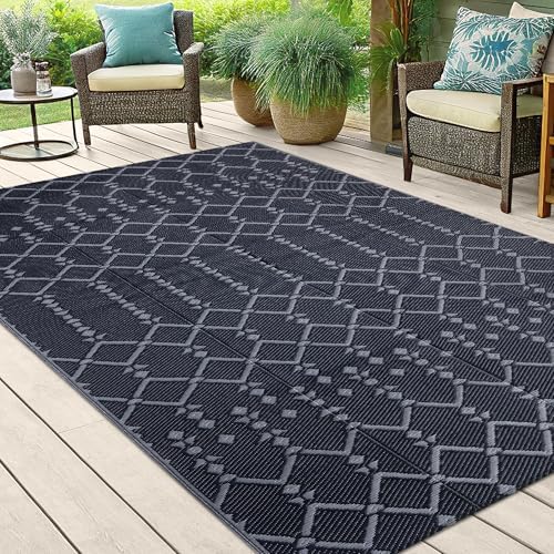 Smiry Outdoor Rug 5x8 ft Waterproof Reversible Boho Mat, Dark Grey - Image 6
