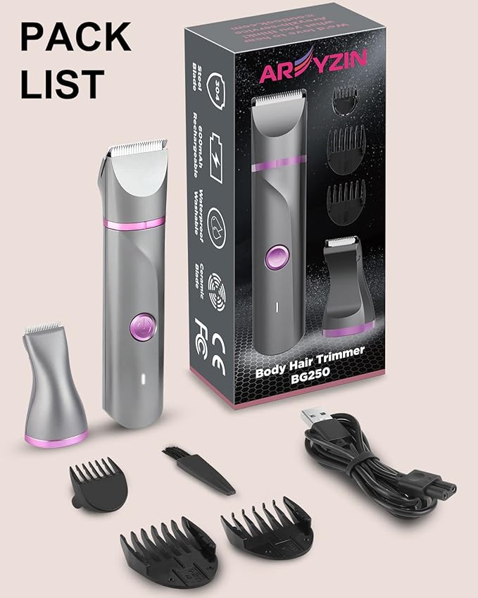 Pubic Hair Trimmer Women Bikini Trimmer Electric Shaver Razor for Bikini Armpit Legs Groin Hair Removal Body Hair Trimmer, Rechargeable Waterproof for Wet and Dry Use，Gray&Purple