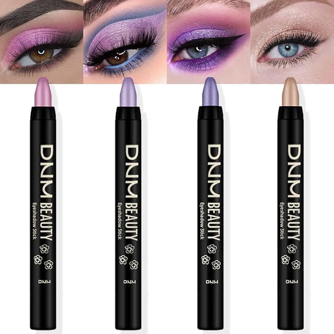 Kaely 4Pcs Metallic Shimmer Eye Shadow Sticks Set, Pink Light Purple Vioiet Mocha Beige, Eyeliner Pencil Eyeshadow Palette Halloween Makeup, Eye Highlighter Brightener Stick for Women