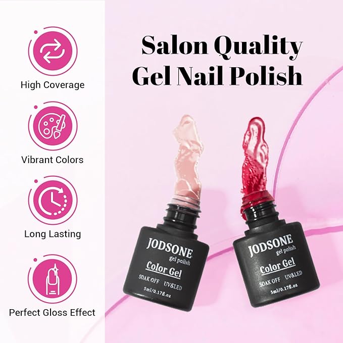 JODSONE 23 PCS Glitter Gel Polish with Soak off Base Coat Matte and Glossy Top Coat Glitter Red Pink Color High Shine and Fashion Gel Nail Polish Kit
