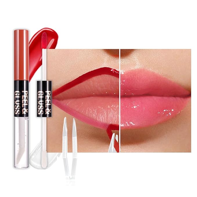 Dewy Rose Lip Stain Peel Off Lip liner and Lip oil with Tweezer, Dual-Ended Peel Off Lip Stain Tattoo, Highly Pigmented Long Lasting Waterproof, Transfer-proof for All Skin Types, 02#