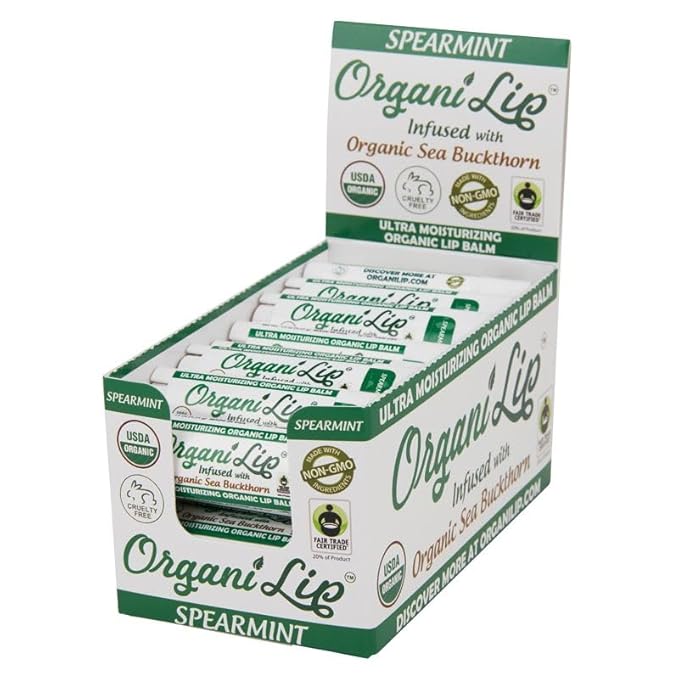 Organic Lip Balm, Spearmint Flavor, Ultra Hydrating Lip Moisturizer for Cracked or Dry Lips, Infused With Organic Sea Buckthorn, Oval Shaped Tube, USDA Certified Organic, 30 Pack