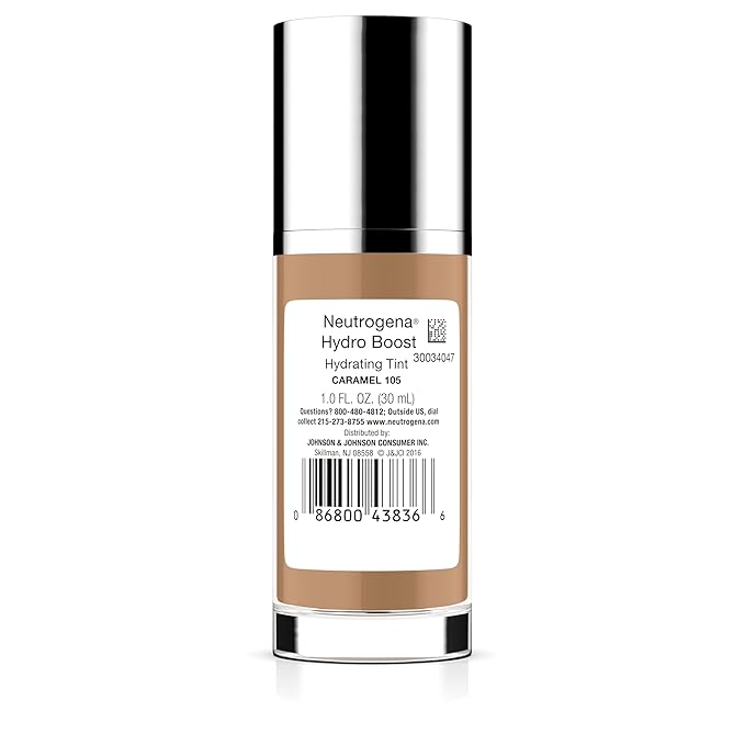 Neutrogena Hydro Boost Hydrating Tint Foundation Makeup for Dry Skin, with Hyaluronic Acid, Lightweight Oil-Free Water Gel, Non-Comedogenic, 105 Caramel Color 1.0 fl. oz