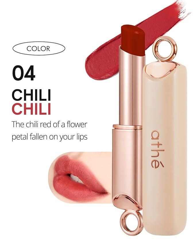 ATHÉ Authentic Airy Lip Balm 04 CHILLI, Korean Vegan Color Lip Blam, Flake-Free Slim Fit Lips, Silky Powdery Finish & Air-like Blurring with Vibrant Colors, 0.11oz.