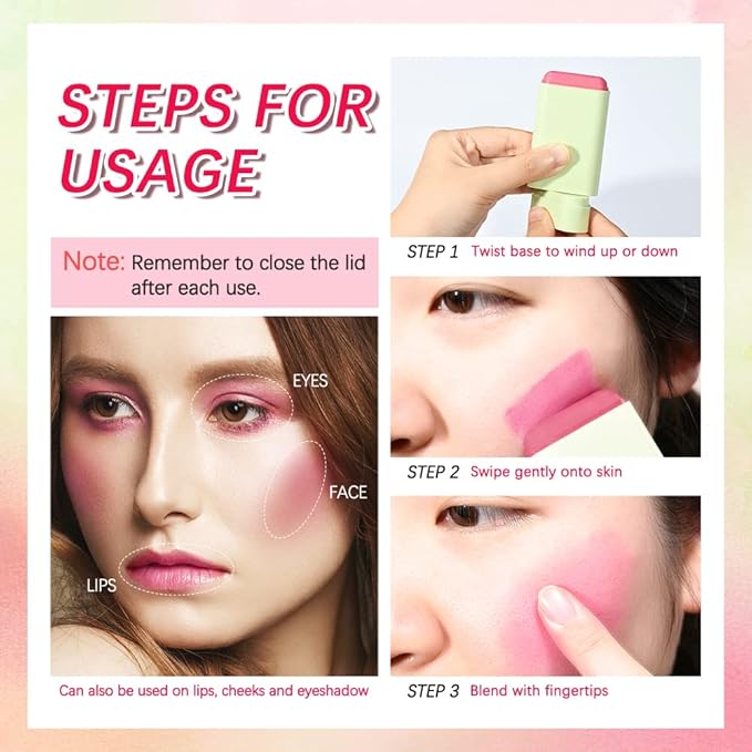 Soft Creamy Blush Stick,On-the-Go Blush,2-in-1 Cheek and Lip Tint,Waterproof Hydrating Solid Natural Moisture Smooth Blendable Matte Finish Face Blush Makeup,01 shy pink