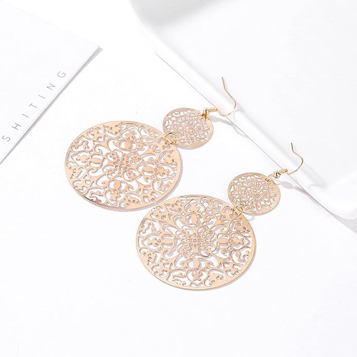 Filigree Hollow Disc Dangle Drop Earrings Boho Gold Ethnic Carved Flower Earrings Double Round Disc Drop Earrings Statement Hook Earrings Wedding Bridesmaid Jewelry for Women and Girls