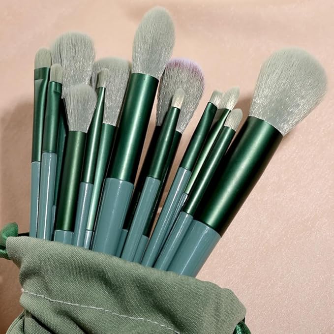 Foundation Makeup Brush Set Kit | 13 Pcs Premium Synthetic Kabuki Eye Shadows Make Up Brushes + 1 Sponge + 1 Brush Bag for Travel and Home Use (GREEN)