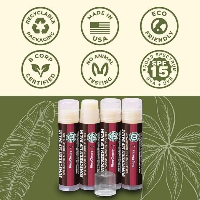 SPF Lip Balm 4-Pack by Earth's Daughter - Lip Sunscreen, SPF 15, Organic Ingredients, Cherry Flavor, Beeswax, Coconut Oil, Vitamin E - Hypoallergenic, Paraben Free, Gluten Free