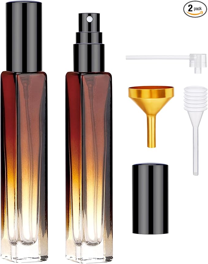 Segbeauty Empty Atomizer, 2pcs 10ML Travel Size Refill Bottle with Funnel and Dropper, Portable Glass Spray Bottle Cologne Dispenser Toiletries Sample Bottles Perfume Making Kit Amber