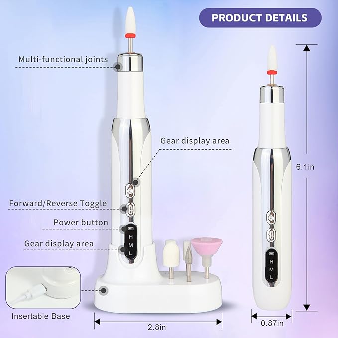 Electric Nail Drill File Cordless,Portable Rechargeable Nail File Kit for Acrylic & Gel Nails,Professional Efile for Manicure Pedicure Polishing,with 12 Nail Drill Bits 31 Sanding Bands,White