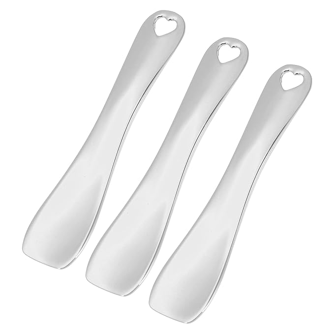 VOCOSTE 3 Pcs Makeup Spatula Mini Spoon, Eye Cream Massage Sticks Beauty Scoop, for Facial Cosmetic Face Cream, Heart Shape 2.36"x0.49", Silver Tone