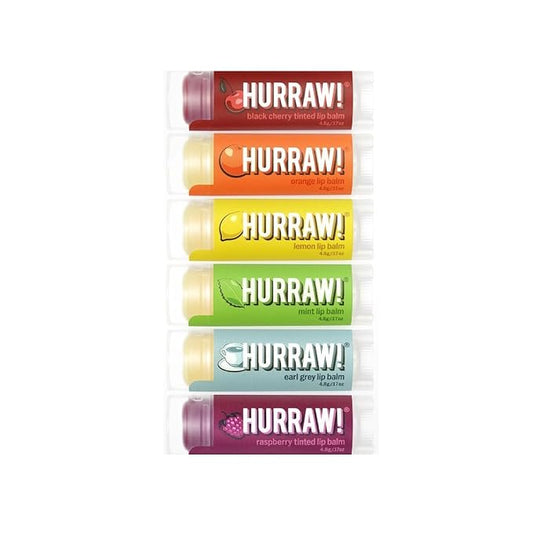 Hurraw! Lip Balms Staff Favorites, 6 Balm Bundle Pack: Black Cherry Tinted (Sheer Red Tint), Orange, Lemon, Mint, Earl Grey, Raspberry Tinted (Sheer Berry Tint). Organic, vegan & raw ingredients.