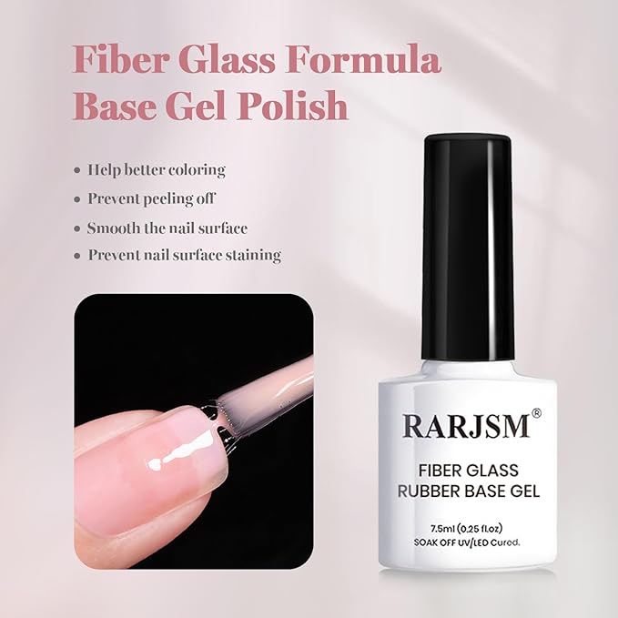 RARJSM Nude Fiber Glass Rubber Base Gel Nail Polish Set 6pcs for Repair Broken Nails Clear Milky White Jelly Rose Pink Strengthener Base Coat Transparent Brush on Building Gel in a Bottle 7.5ml