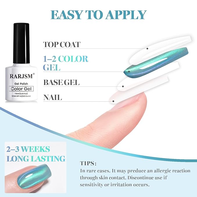 RARJSM Blue Cat Eye Gel Nail Polish Set 6pcs Reflective Diamond Glitter Clear Light Gray Sea Blue Green Tone Glass Cateye Gelpolish with Magnet Stick 7.5ml Curing Requires Soak Off for Home Salon