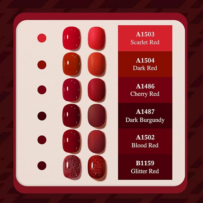 Double Rhythm 6 Pcs 15 ML Gel Polish Set Same Color Same Bottle Soak Off Gel Polish Kit Nail Art Manicure Salon DIY at Home for Women (Glitter Burgundy Dark Cherry Red Maroon-T6-7)