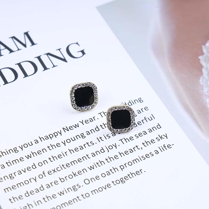 Vintage Black Square Crystal Earrings Black Cz Stud Earrings Rhinestone Diamond Earrings Geometric Onyx Earrings Jewelry for Women and Girls