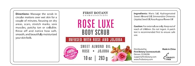 First Botany Body Scrub - Natural Exfoliating Salt Scrub & Body and Face Souffle helps with Moisturizing Skin, Acne, Cellulite, Dead Skin Scars, Wrinkles (10 fl oz, Rose)