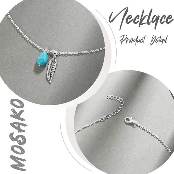 Boho Turquoise Necklaces Silver Feather Pendant Necklace Chain Short Delicate Dainty Necklaces Jewelry for Women
