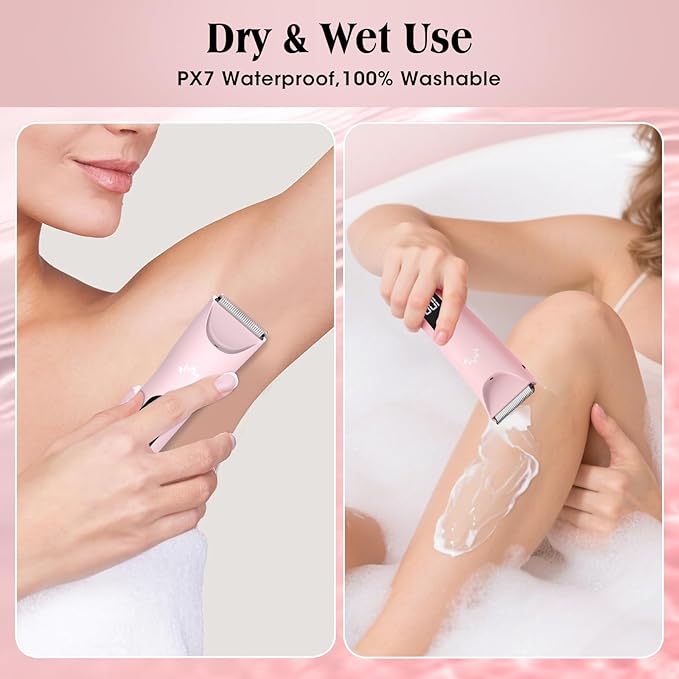 Dermave Bikini Shaver Bikini Trimmer for Women,Cordless Pubic Hair Trimmer,IPX7 Waterproof & LED Display Ladies Electric Razors Body Hair Trimmers for Underarm Leg Arm,Gifts Pink