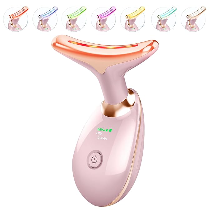Light Based Face-Neck-Massager - 7 Color Portable Facial Massager for Skin Care, Glossy Pink