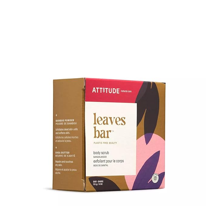 ATTITUDE Body Scrub Bar, Natural Origin, Gentle Exfoliator for Body and Foot, Nourishes and Softens Skin, Bamboo Powder & Shea Butter, EWG verified & Vegan, Sandalwood, 4 Oz