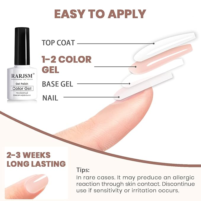 RARJSM Nude Gel Polish Set Jelly Pink Collection of 6 Transparent Natural Colors Sheer Pink Milky Mavue Purple Light Brown French Manicure LED UV Gel Nail Polish Soak Off Curing Requires Home Salon