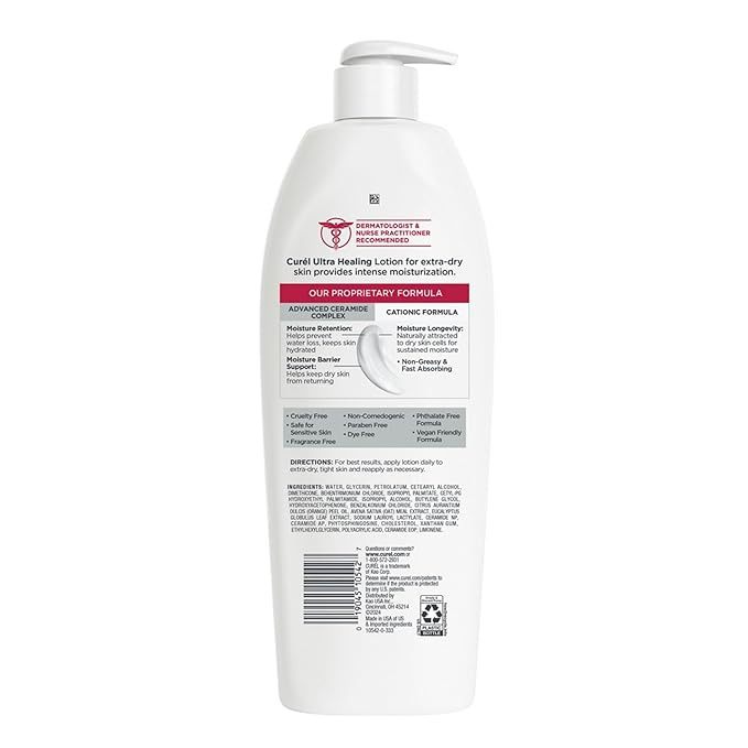 Curel Ultra Healing Intensive Fragrance-Free Lotion For Extra-Dry Skin, Dermatologist Recommended, Ideal for Sensitive Skin, Cruelty Free, Paraben Free, 20 Oz