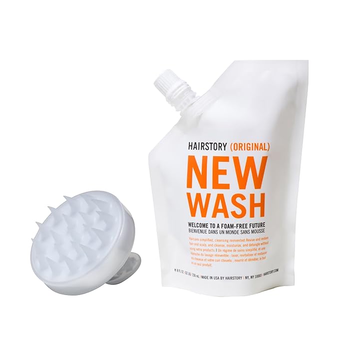 Hairstory New Wash Original with Scalp Brush, Cleansing Cream for All Hair Types, Detergent Free Shampoo & Conditioner Alternative, Promotes Scalp Health, 8oz
