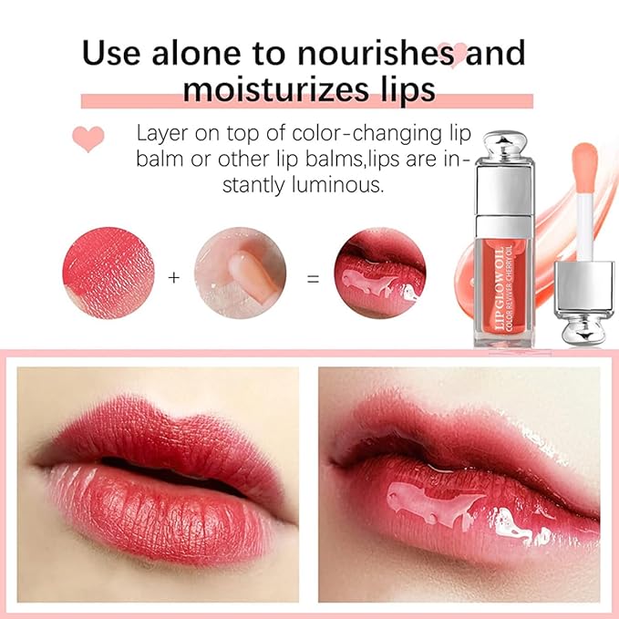 Hydrating Lip Glow Oil, Moisturizing Plumper Lip Gloss, Transparent Plumping Balm, Tinted Balm Care 0.2 OZ - 001 PINK